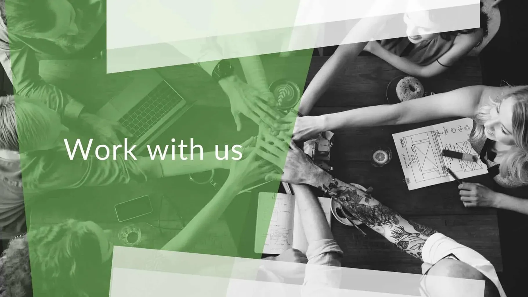 Team collaborating hands-on in office meeting.