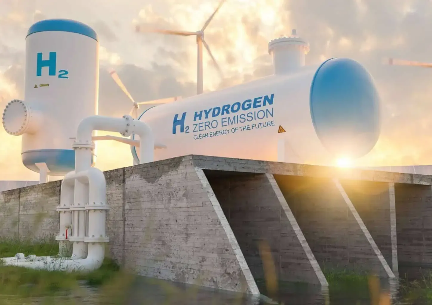 Hydrogen energy facility with wind turbines at sunset.