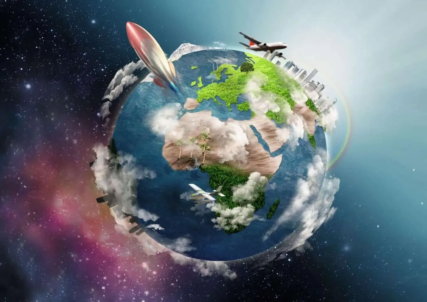 Earth with nature, space, planes, and city skyline.