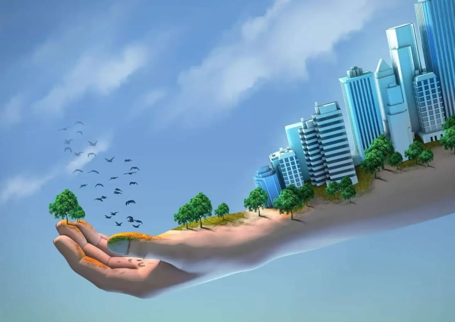Human hand holding nature and cityscape illustration