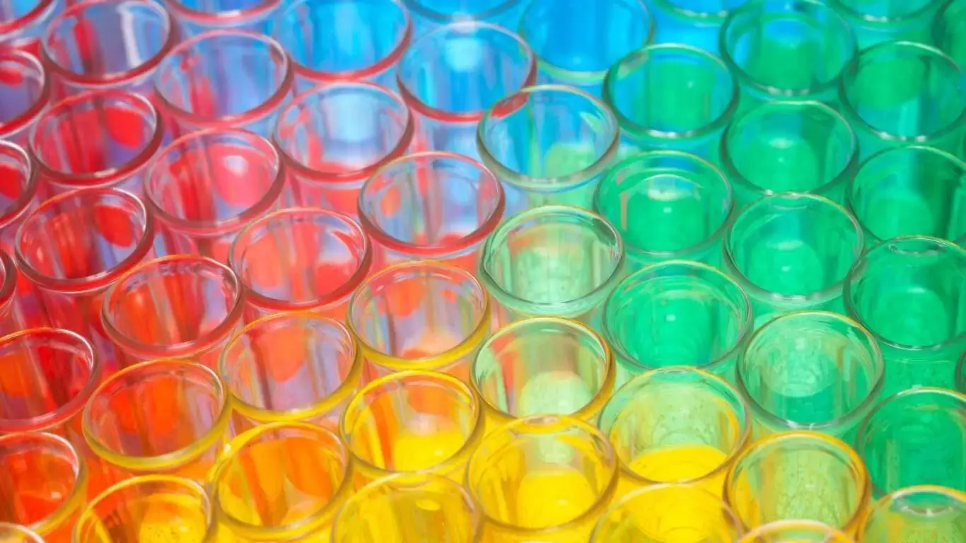 Colorful array of empty test tubes