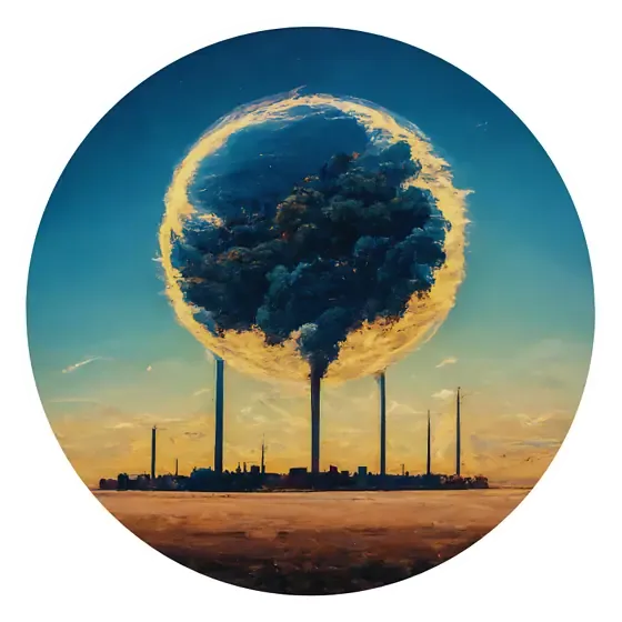 Surreal industrial cityscape with smokestacks and planet.