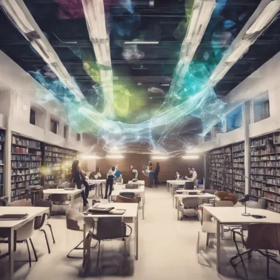 Modern library with holographic display and people studying.