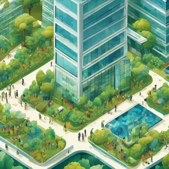 Futuristic urban park with skyscrapers and greenery