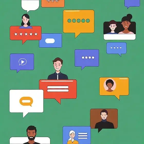 Chat bubbles and avatars illustrating online communication.
