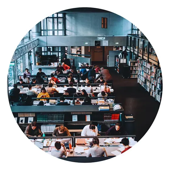 Students studying in a large, busy library.