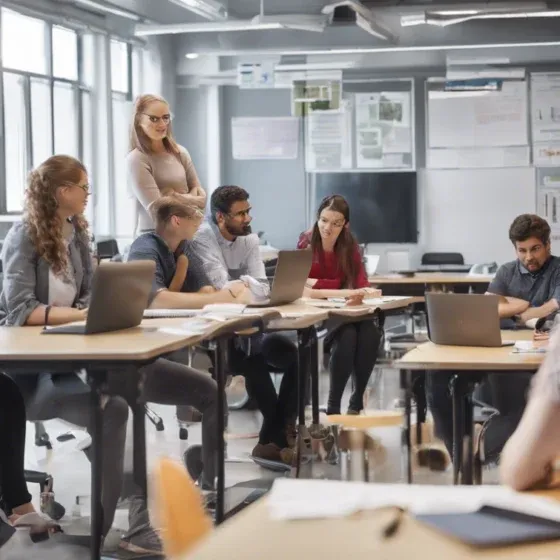People in a meeting with laptops and papers.