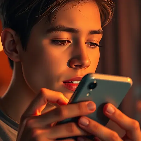 Person using smartphone in warm lighting.