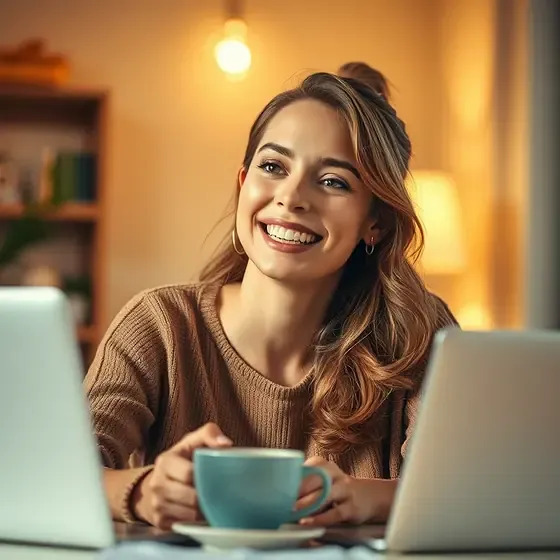 Smiling woman working on laptop with coffee.