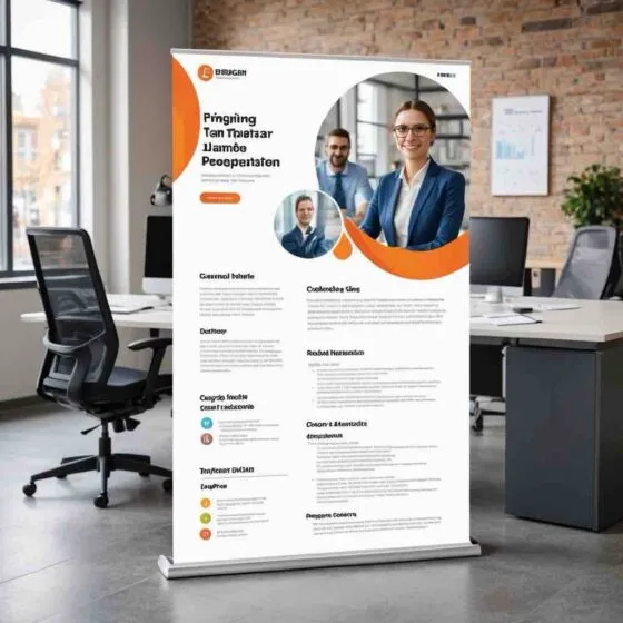 Office presentation banner with business team photos.