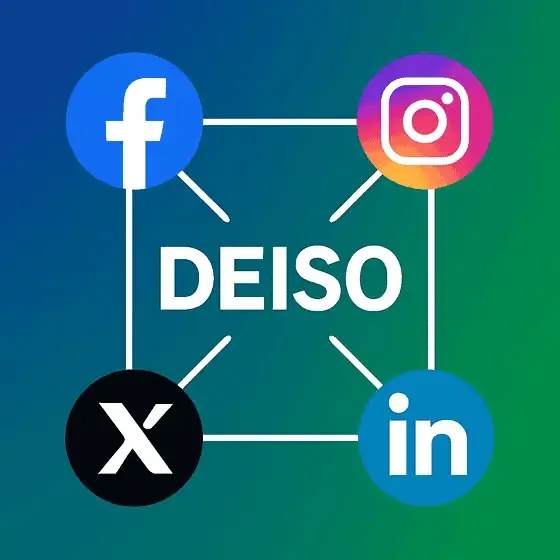 DEISO connected to Facebook, Instagram, X, LinkedIn logos.
