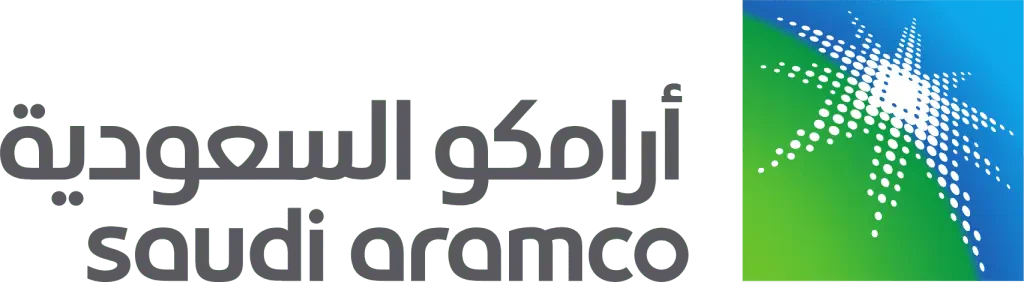 Logo van Saudi Aramco, Arabische en Engelse tekst.