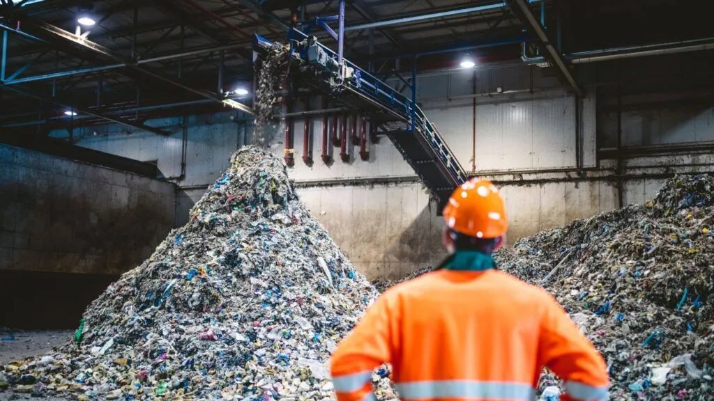 Worker observing waste pile in recycling facility