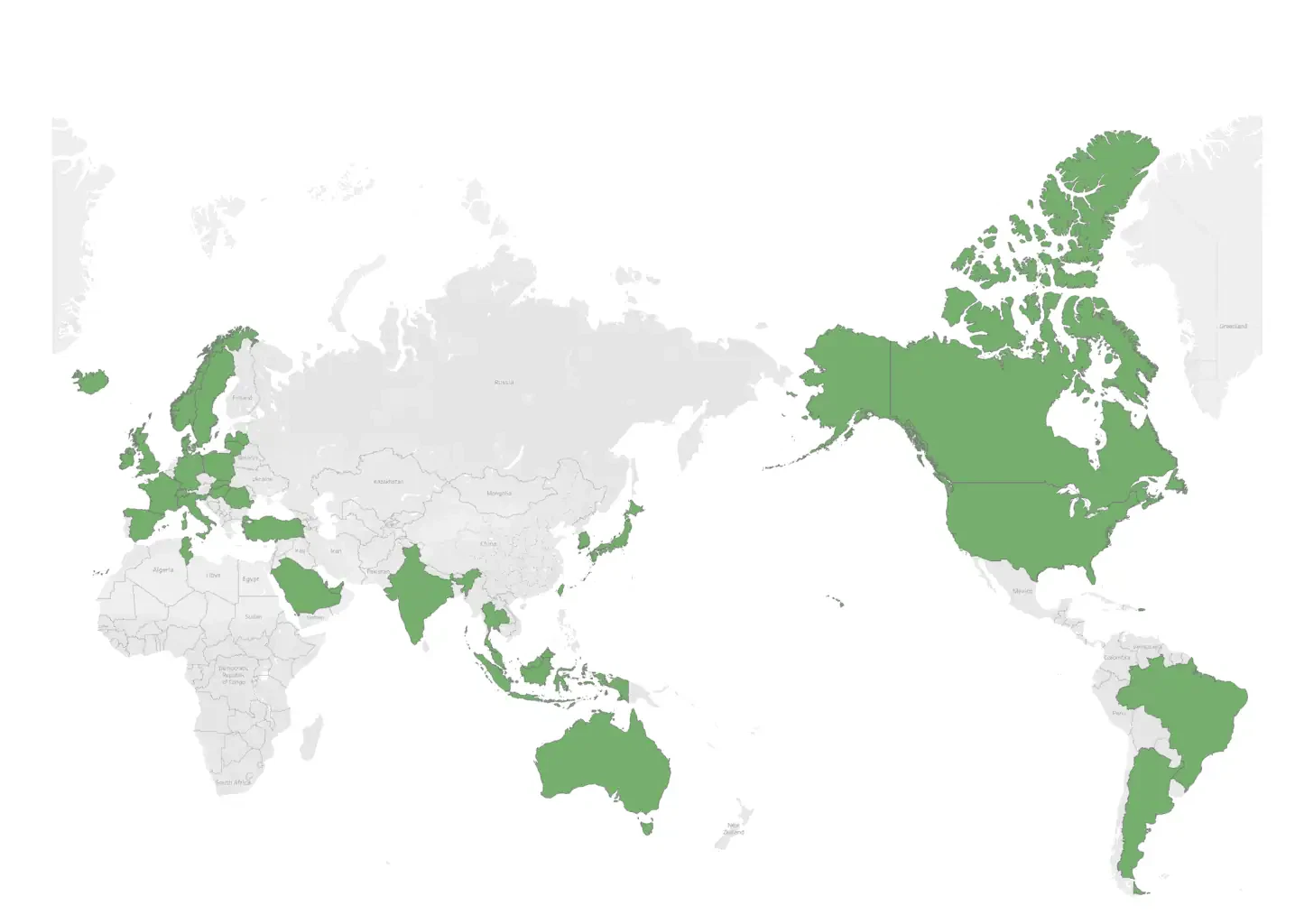 Wereldkaart waarop bepaalde landen in het groen zijn gemarkeerd.