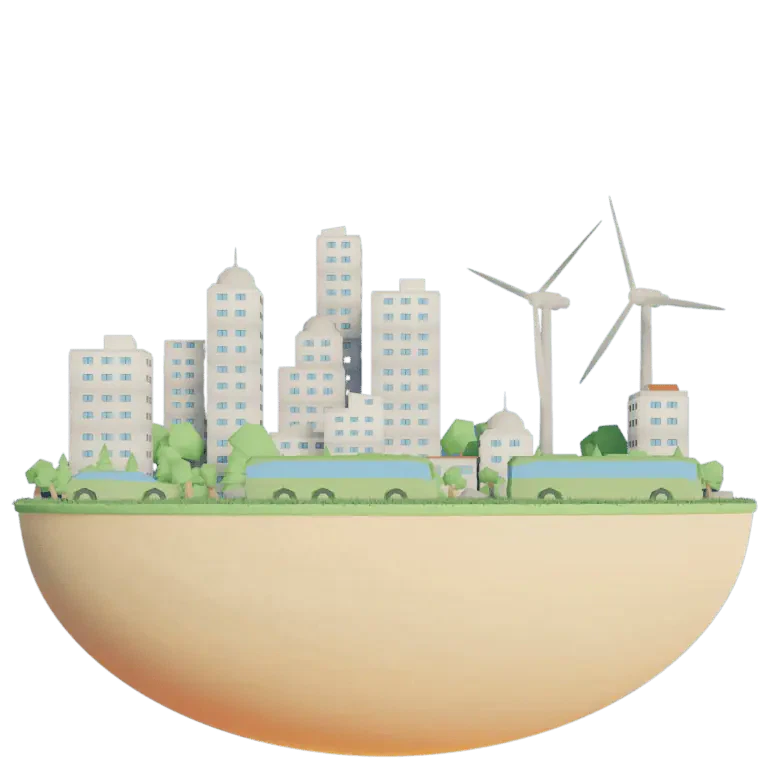 Duurzame stad met windturbines en groen.