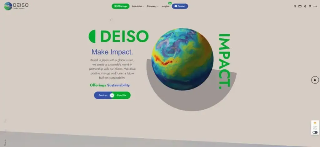 DEISO homepage promoting sustainability and impact.
