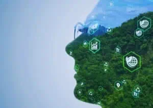 Silhouet met eco-iconen op een bosachtergrond.