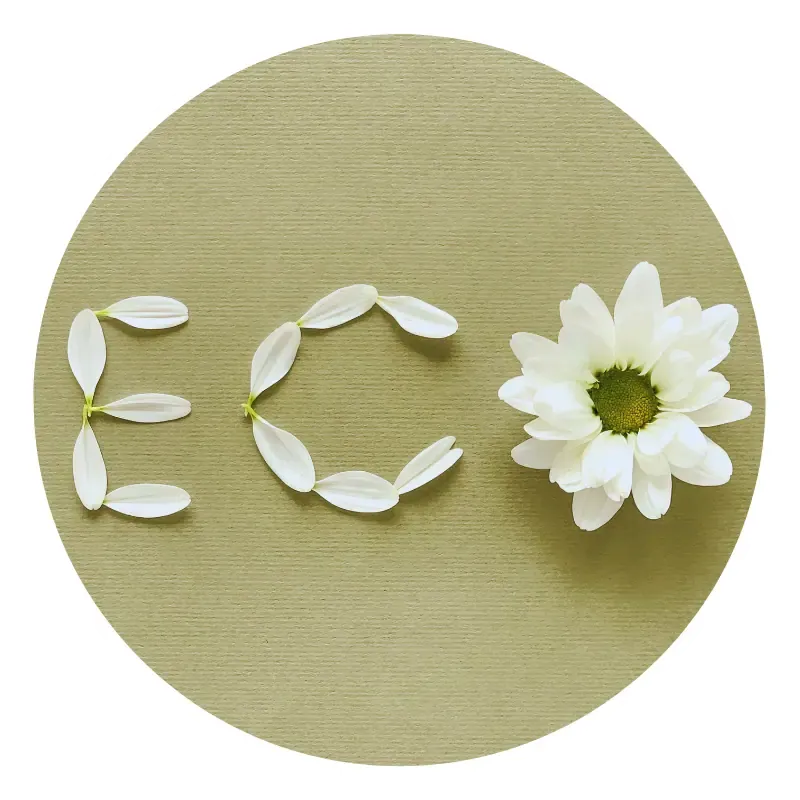 Eco written with white petals and flower