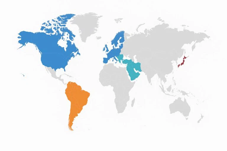 Wereldkaart waarop regio's in verschillende kleuren worden weergegeven.