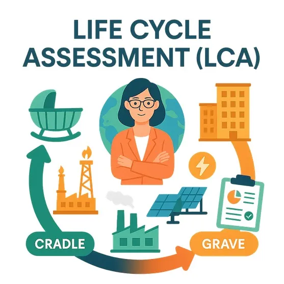 Life Cycle Assessment diagram with icons and person