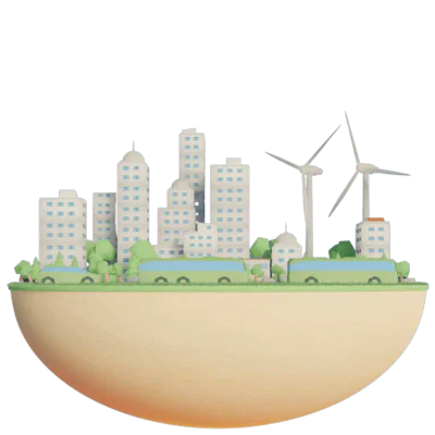 Città sostenibile con turbine eoliche e verde.