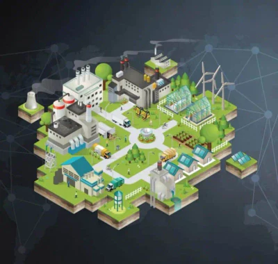 Duurzame stad met fabrieken, kassen en windmolens.