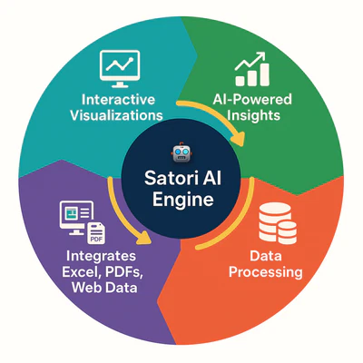 Flusso di lavoro del motore di intelligenza artificiale Satori con diagramma a quattro componenti.